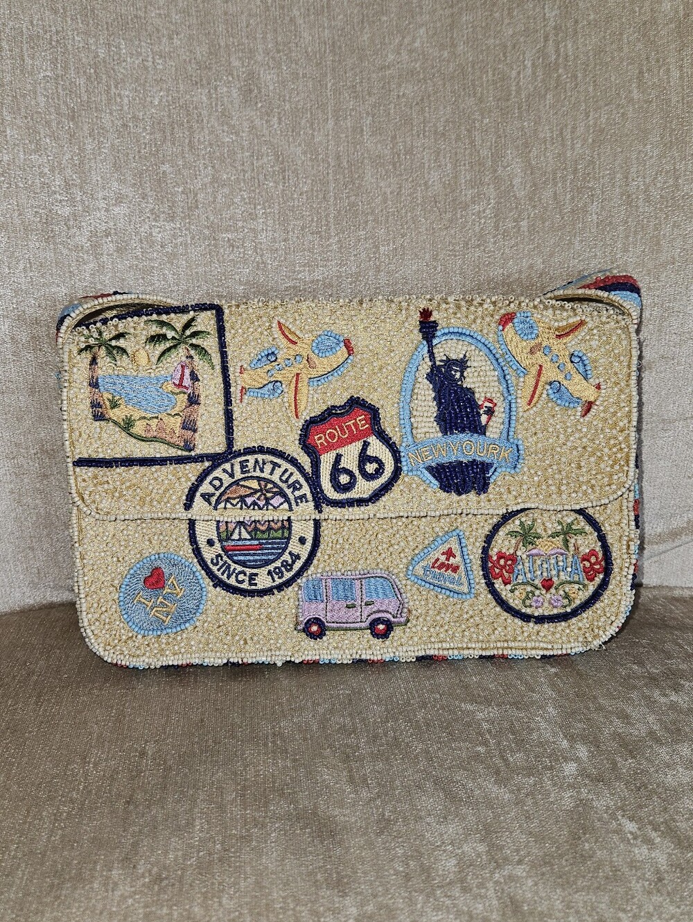 Route 66 Cream Beaded Travel Patchwork Clutch